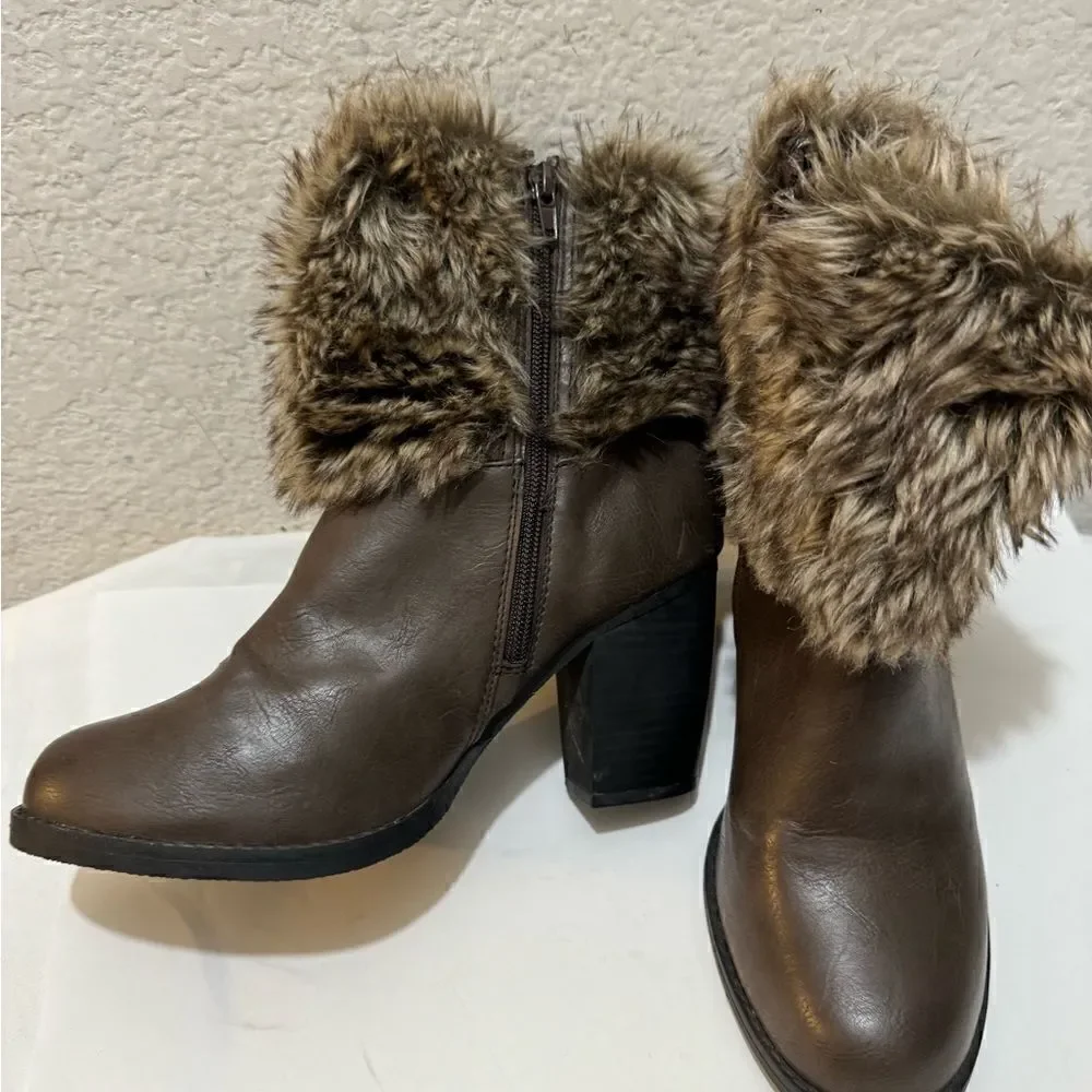 Sugar Pursuit Brown Boots with Faux Fur Collar